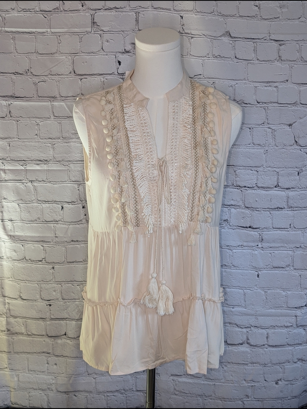 Sleeveless Boho Tassel Tie Top in Light Beige